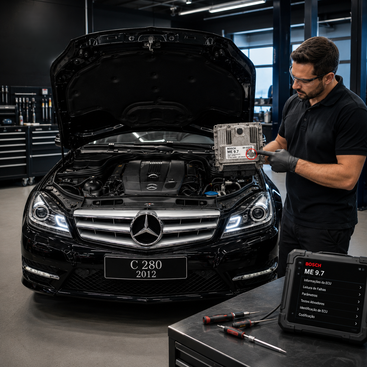 Mecânico especializado realizando diagnóstico de módulo ECU Mercedes-Benz